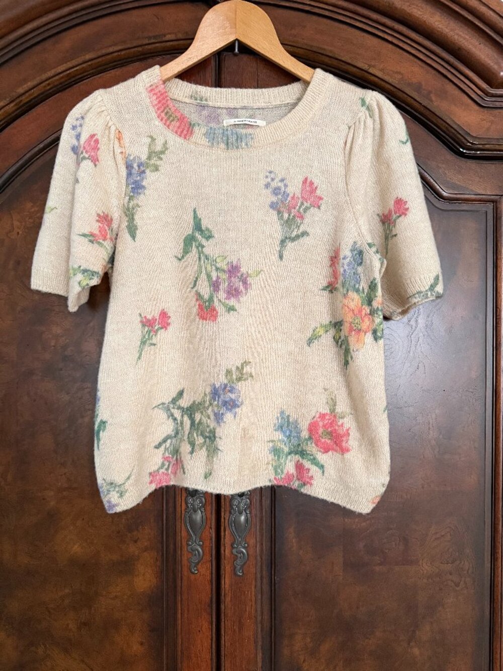 Anthropologie - The Mollie Short-Sleeve Floral Printed Sweater -Beige - Medium